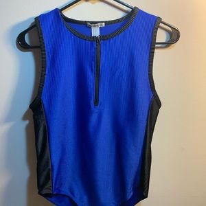half zip up dark blue and black bodysuit